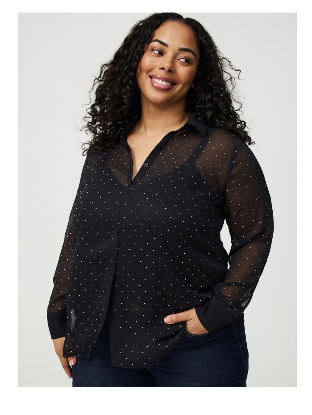 torrid Black Sheer Button-Down Shirt with Silver Dot Print